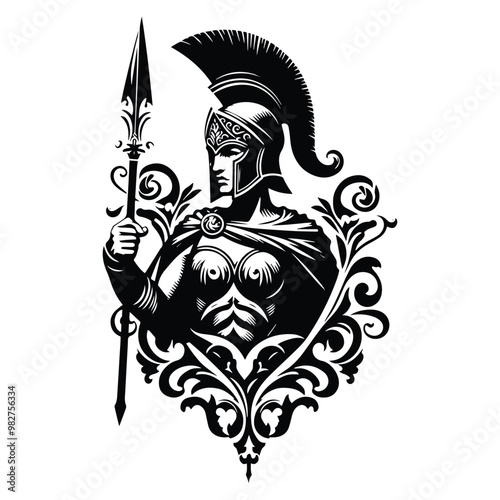 sparta female with victorian flourish decoration in black and white illustrations, cutout graphic