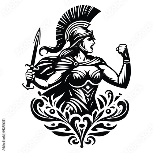 sparta female with victorian flourish decoration in black and white illustrations, cutout graphic