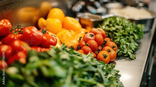 Fresh vegetables arranged for meal preparation in a kitchen.