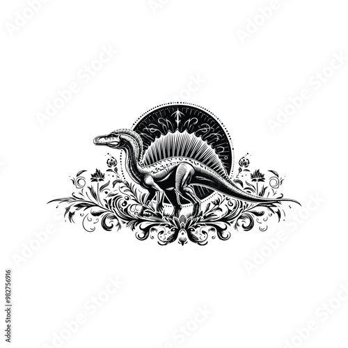 Spinosaurus with victorian flourish decoration in black and white illustrations, cutout graphic