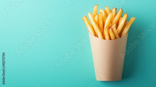 A serving of golden, crispy French fries in a paper cup against a teal background.