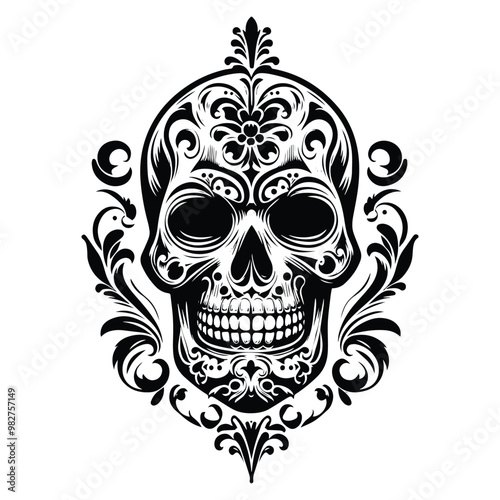 sugarskull male with victorian flourish decoration in black and white illustrations, cutout graphic
