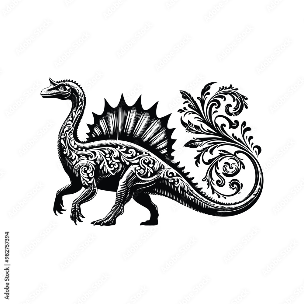 Spinosaurus with victorian flourish decoration in black and white illustrations, cutout graphic Spinosaurus with victorian flourish decoration in black and white illustrations, cutout graphic