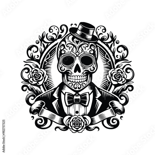 sugarskull male with victorian flourish, in black and white illustrations, cutout graphic