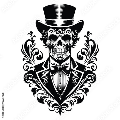 sugarskull male with victorian flourish decoration in black and white illustrations, cutout graphic