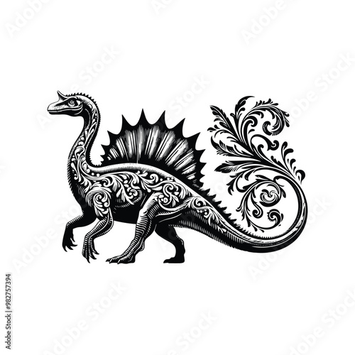 Spinosaurus with victorian flourish decoration in black and white illustrations, cutout graphic