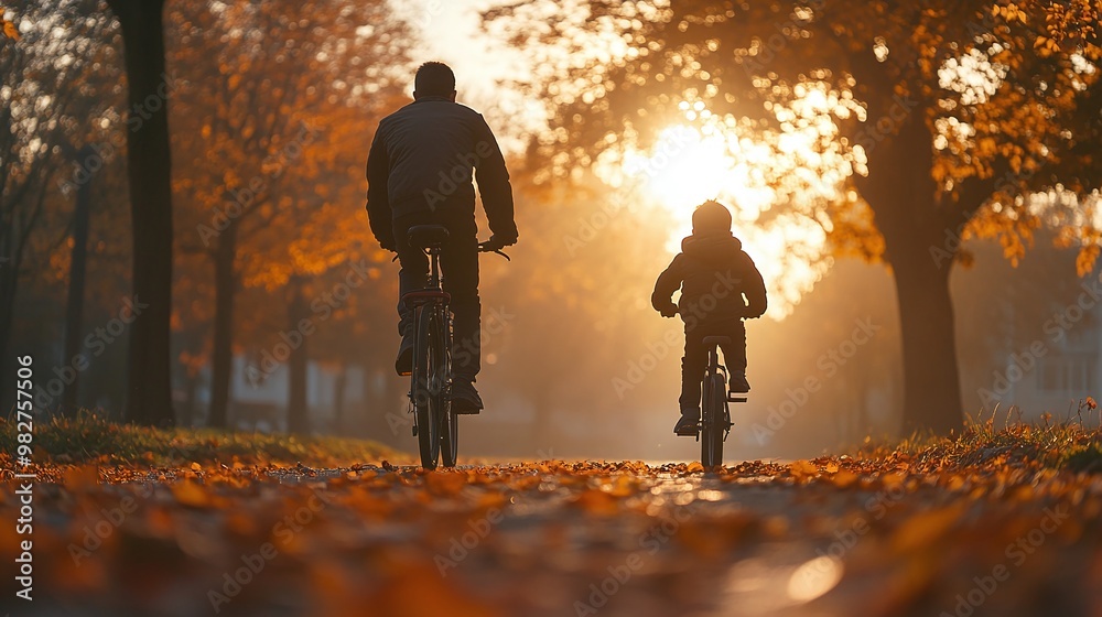 family bonding moment as father and son ride bikes at sunset on a fall day enjoying outdoor exercise and adventure family bonding moment as father and son ride bikes at sunset on a fall day enjoying outdoor exercise and adventure