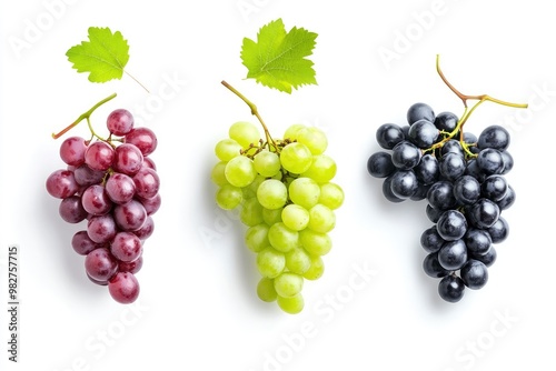 Set of various types of grapes (Black, white and red grape) with leaf flying isolated on white background , ai