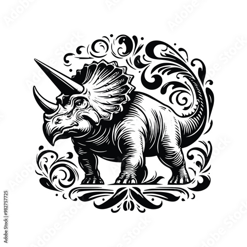 Triceratops with victorian flourish decoration in black and white illustrations, cutout graphic