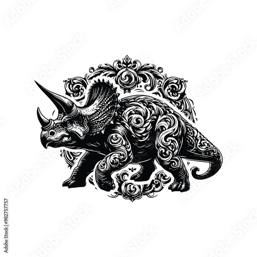 Triceratops with victorian flourish, in black and white illustrations, cutout graphic