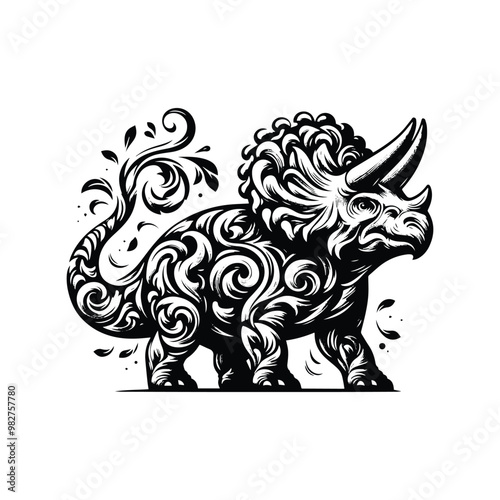 Triceratops with victorian flourish decoration in black and white illustrations, cutout graphic