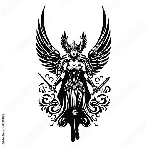 Valkyrie goddess with victorian flourish decoration in black and white illustrations, cutout graphic