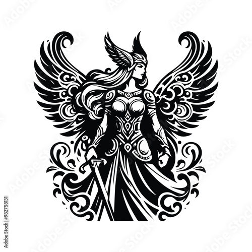 Valkyrie goddess with victorian flourish decoration in black and white illustrations, cutout graphic