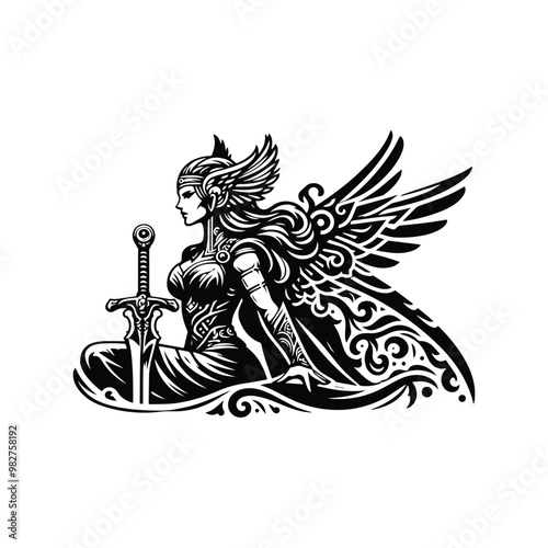 Valkyrie goddess with victorian flourish decoration in black and white illustrations, cutout graphic