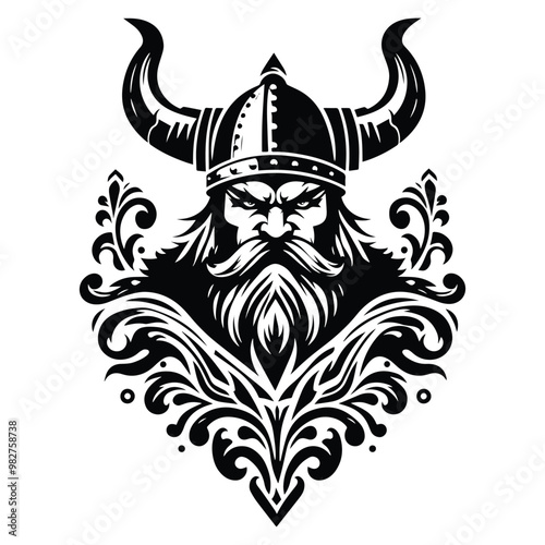 viking male with victorian flourish decoration in black and white illustrations, cutout graphic