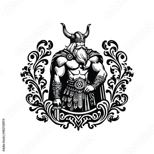 viking male with victorian flourish decoration in black and white illustrations, cutout graphic