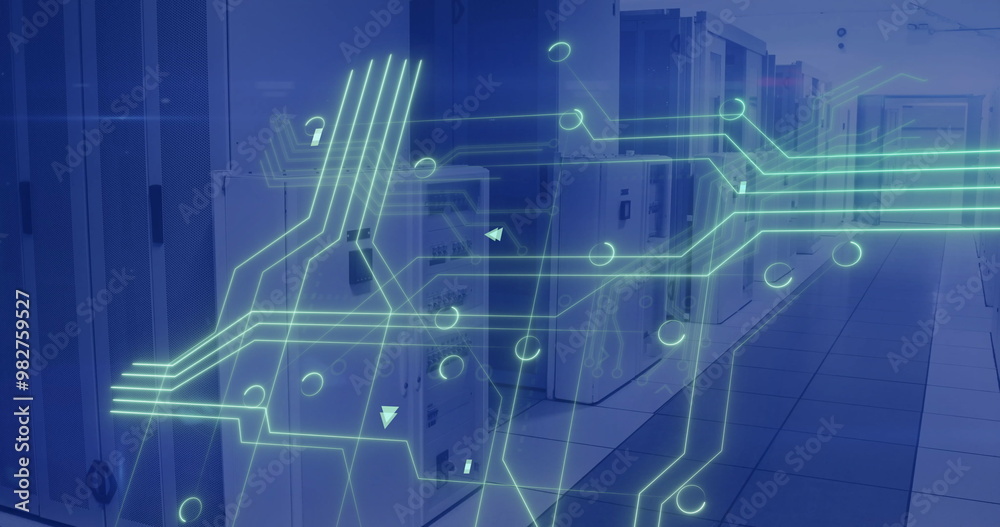 Obraz premium Image of circuit board and data processing over computer servers