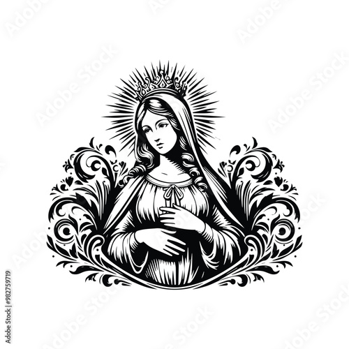 virgin marry with victorian flourish decoration in black and white illustrations, cutout graphic