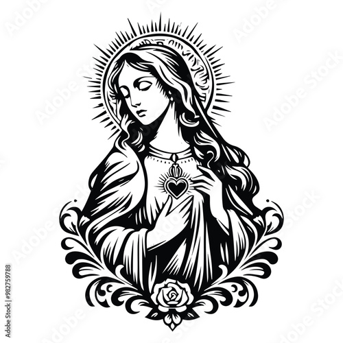 virgin marry with victorian flourish decoration in black and white illustrations, cutout graphic