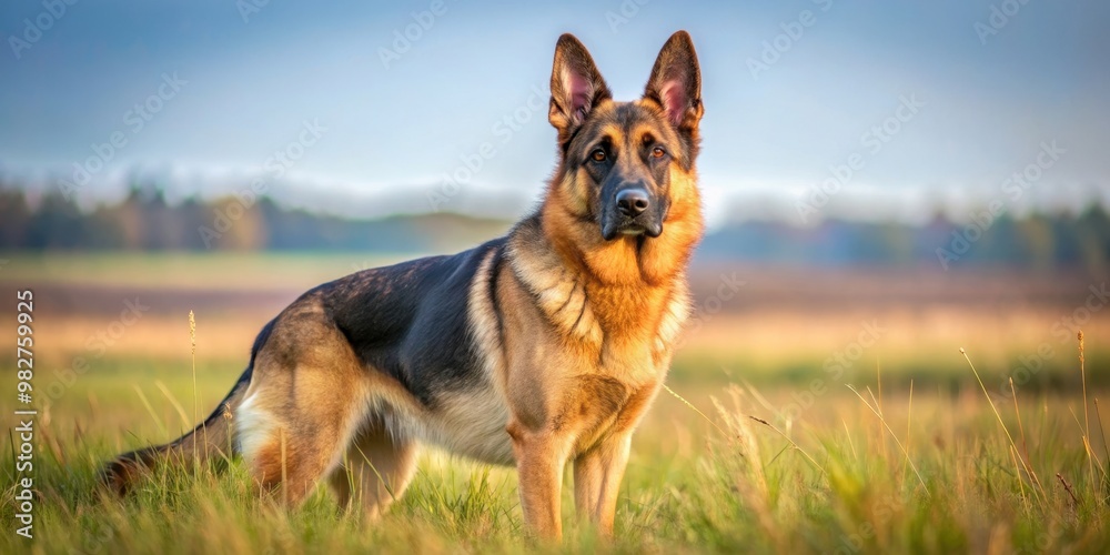 German Shepherd dog with pointed ears and tan and black coat standing in grassy field, loyal, intelligent, protective German Shepherd dog with pointed ears and tan and black coat standing in grassy field, loyal, intelligent, protective