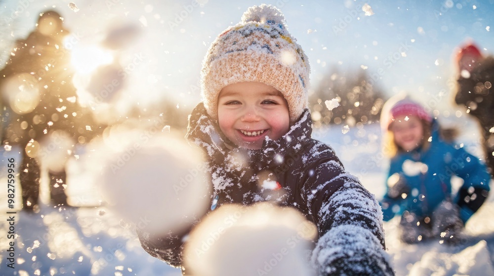A joyful child throws snowballs during a winter day, surrounded by friends in a snowy landscape. A joyful child throws snowballs during a winter day, surrounded by friends in a snowy landscape.