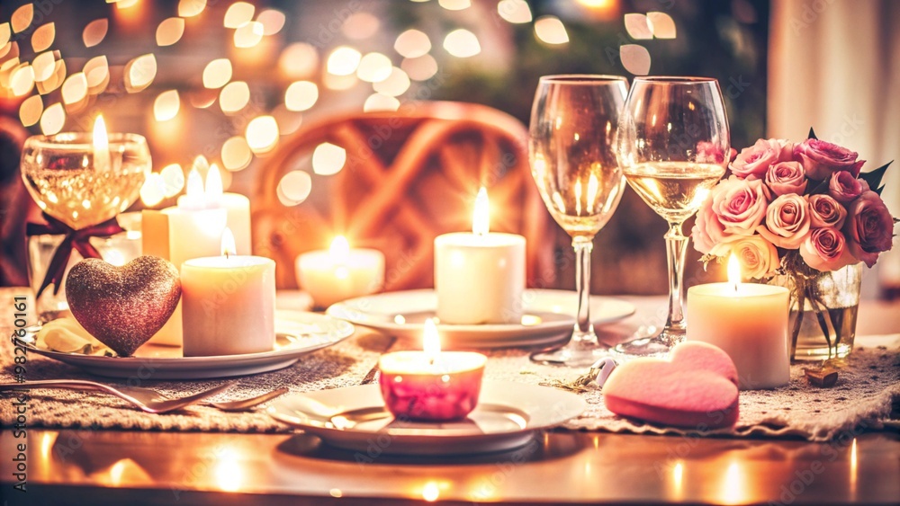 Romantic dinner table setting with candles, wine glasses, and flowers. Romantic dinner table setting with candles, wine glasses, and flowers.