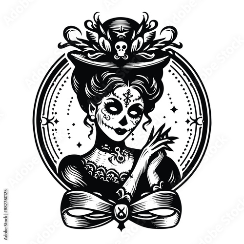 voodoo lady horror with victorian flourish decoration in black and white illustrations, cutout graphic