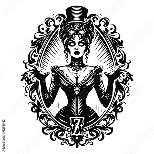 voodoo lady horror inside victorian flourish, in black and white illustrations, cutout graphic