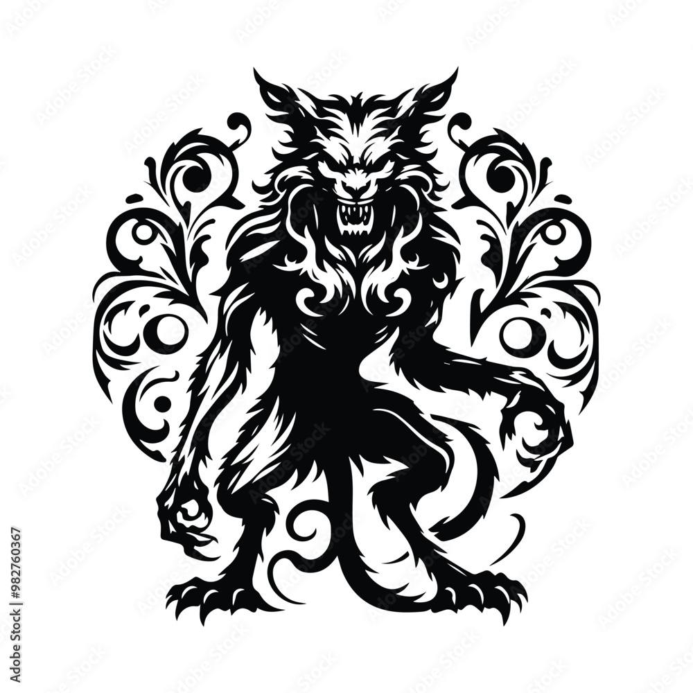 Wendigo creature with victorian flourish decoration in black and white illustrations, cutout graphic Wendigo creature with victorian flourish decoration in black and white illustrations, cutout graphic