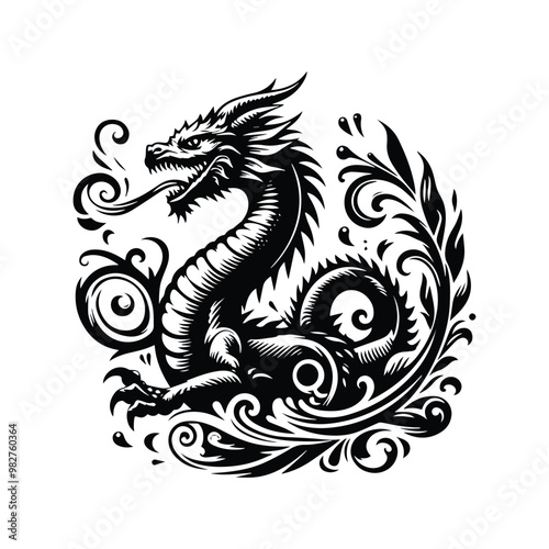 water dragon with victorian flourish decoration in black and white illustrations, cutout graphic