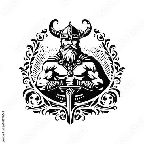 viking male with victorian flourish decoration in black and white illustrations, cutout graphic