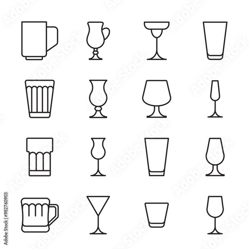 Glass line icon set. Drink glassware type - beer mug, whiskey shot, wineglass, teapot minimal vector illustration. Simple outline sign of cocktail, beverage. Editable Stroke.