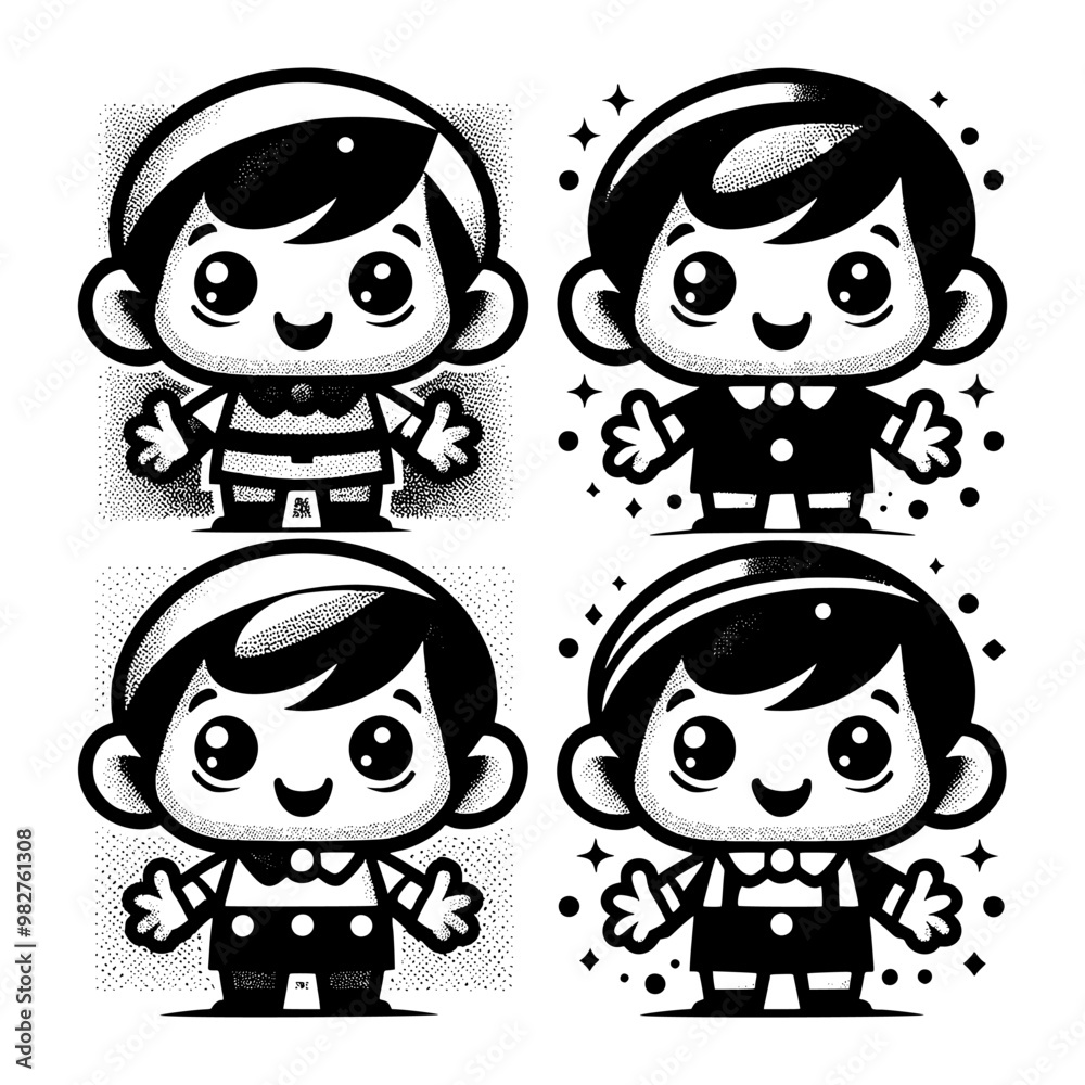 set funny boy cartoon black and white set funny boy cartoon black and white