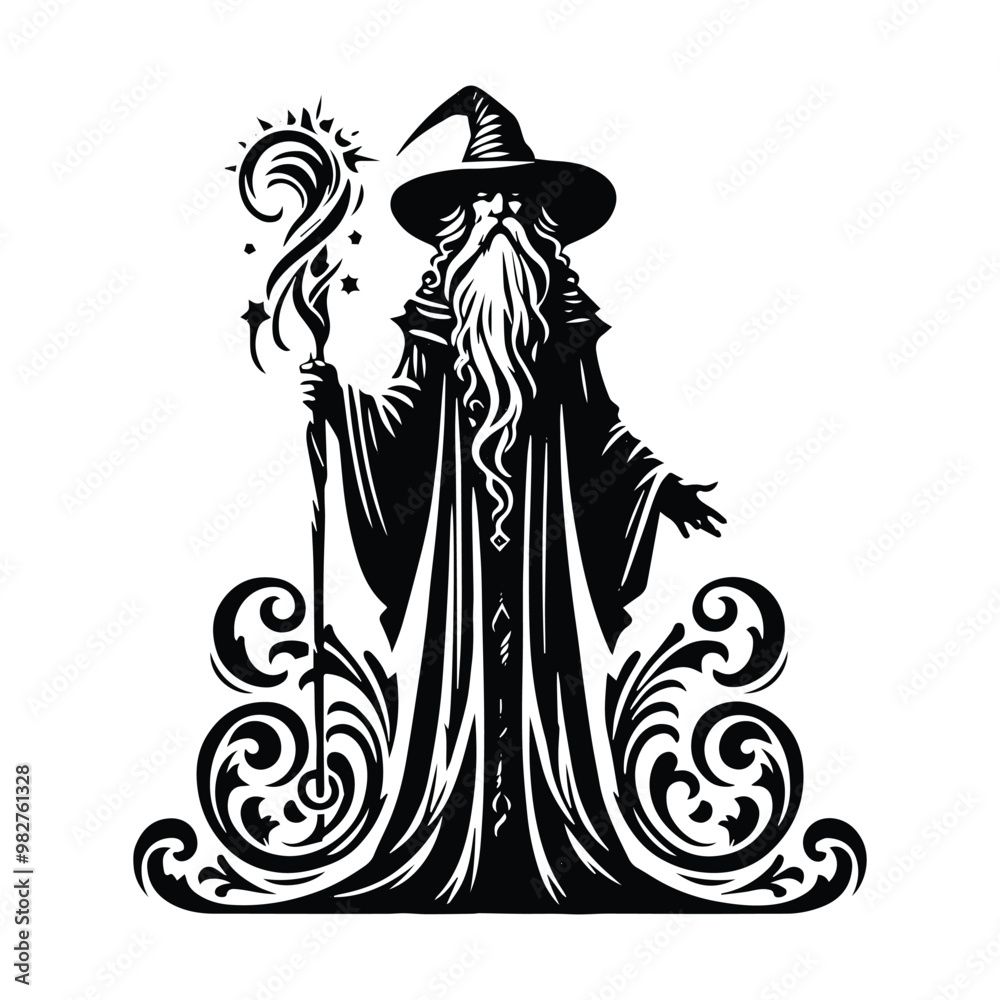 wizard male with victorian flourish decoration in black and white illustrations, cutout graphic wizard male with victorian flourish decoration in black and white illustrations, cutout graphic