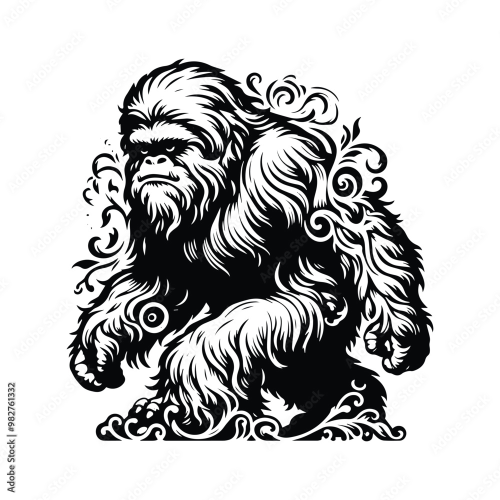 Fototapeta premium Yeti with victorian flourish decoration in black and white illustrations, cutout graphic