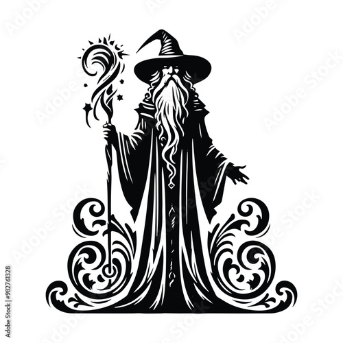 wizard male with victorian flourish decoration in black and white illustrations, cutout graphic