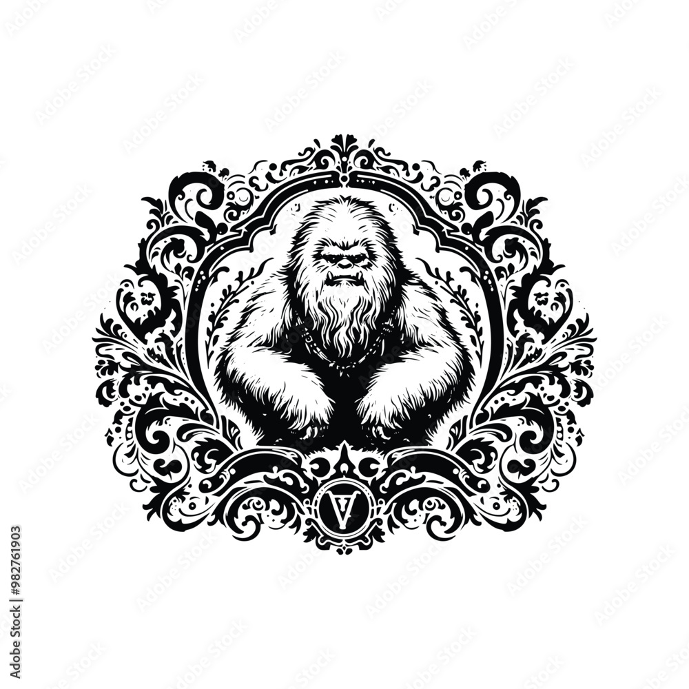 Yeti with victorian flourish, in black and white illustrations, cutout graphic Yeti with victorian flourish, in black and white illustrations, cutout graphic