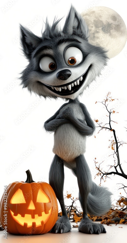 A cartoon wolf character stands beside a carved pumpkin, set against a moonlit background. A cartoon wolf character stands beside a carved pumpkin, set against a moonlit background.