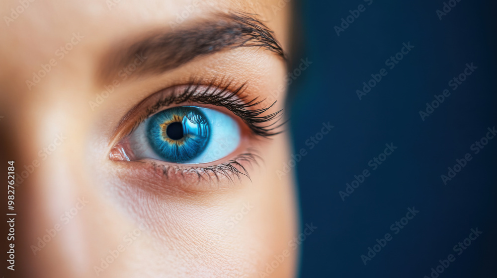Extreme close-up of a human eye with vibrant blue iris, capturing a detailed reflection in the pupil against a dark background. Extreme close-up of a human eye with vibrant blue iris, capturing a detailed reflection in the pupil against a dark background.