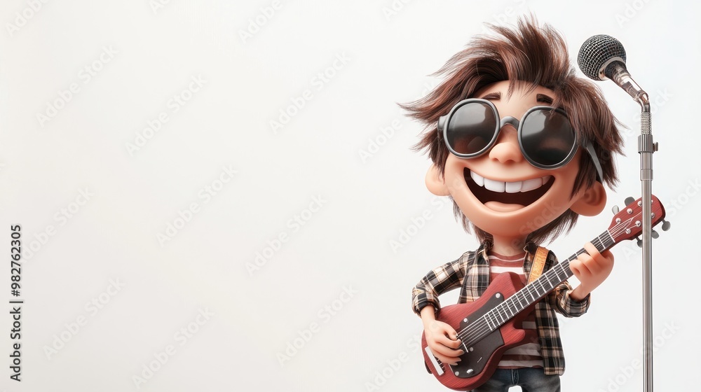 A cheerful animated character with sunglasses plays guitar at a microphone. A cheerful animated character with sunglasses plays guitar at a microphone.