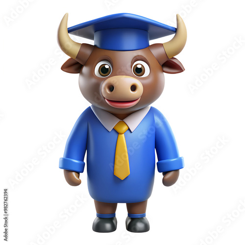 Cute fun cartoon wise bull in an academic cap. Wearing a blue academic cap, a mascot animal with big eyes. Character detailed 3D rendering icon illustration on a white isolated background