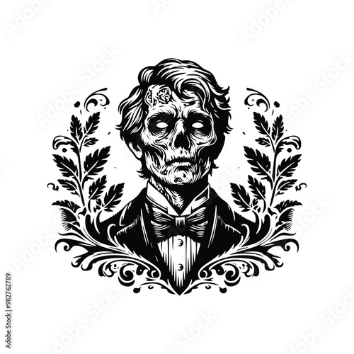zombie male with victorian flourish decoration in black and white illustrations, cutout graphic