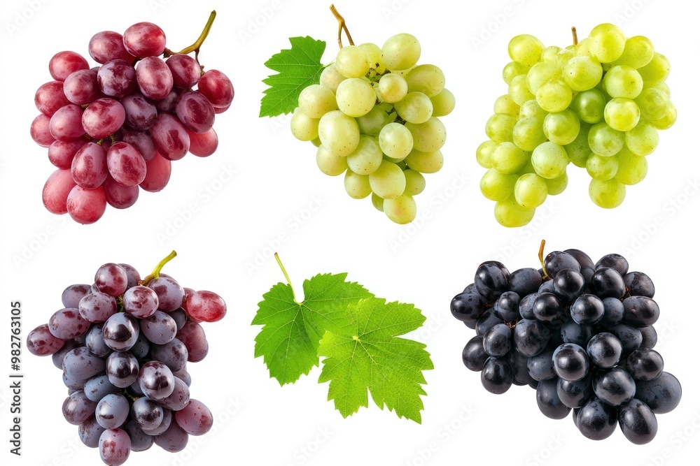 Obraz premium Set of various types of grapes (Black, white and red grape) with leaf flying isolated on white background , ai