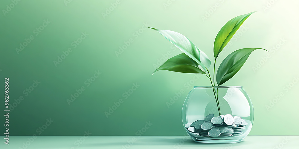 A small plant sprouts from a glass vase filled with coins, symbolizing growth and financial prosperity.