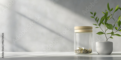 A glass jar filled with coins sits on a white countertop, next to a small plant in a white pot.