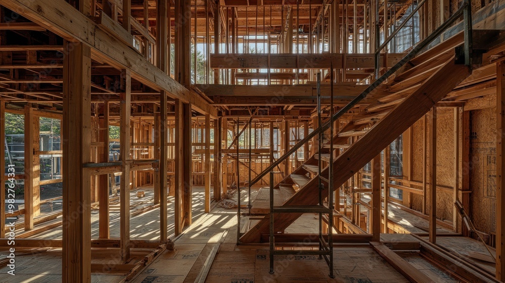 Fototapeta premium Interior view of a wooden construction site featuring frames and a staircase.