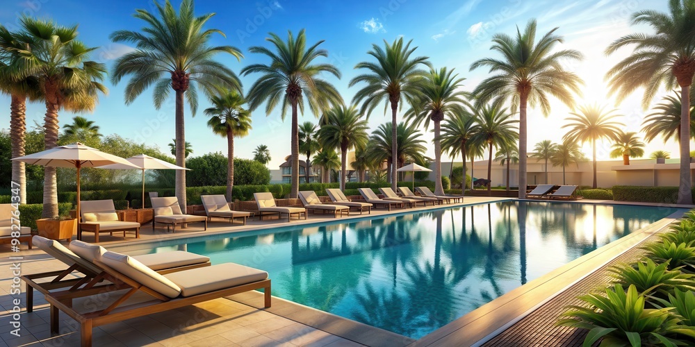 Luxury hotel poolside with palm trees and sun loungers, luxury, hotel, poolside, palm trees, sun loungers, vacation Luxury hotel poolside with palm trees and sun loungers, luxury, hotel, poolside, palm trees, sun loungers, vacation