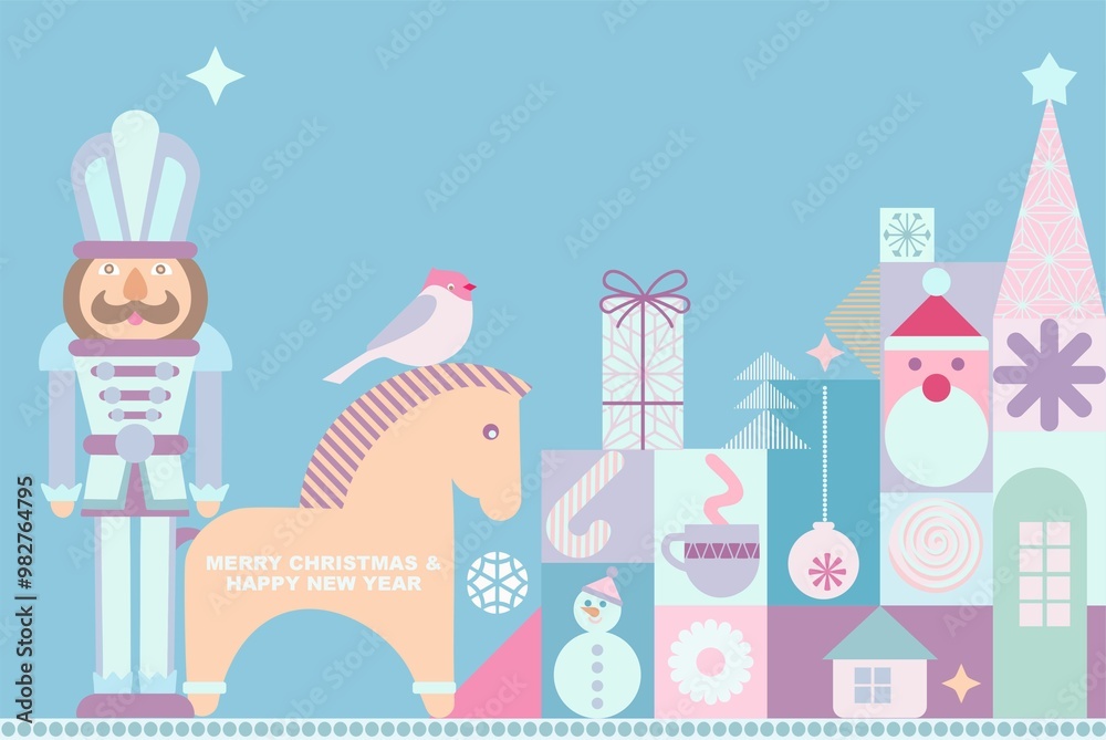 Merry Christmas and Happy New Year greeting poster(banner, card) made of cartoon Christmas and New Year elements in pastel colors with typography.Minimal digital image for cover, layout, poster, flyer Merry Christmas and Happy New Year greeting poster(banner, card) made of cartoon Christmas and New Year elements in pastel colors with typography.Minimal digital image for cover, layout, poster, flyer