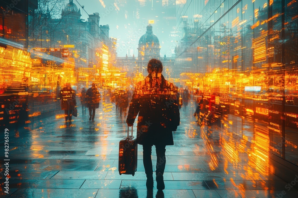 Fototapeta premium Blurred crowd people walking in train station. Double exposure. Business abstract background. Technology wallpaper