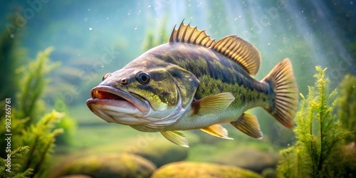 Largemouth bass swimming gracefully in natural water habitat, fish, nature, aquatic, underwater, wildlife, river, lake